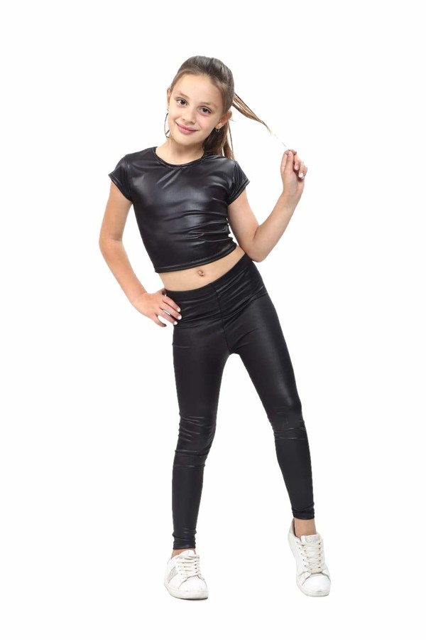Aelstores Girls Outfit Metallic Black Wet Look Shiny Stretch Crop Top ...