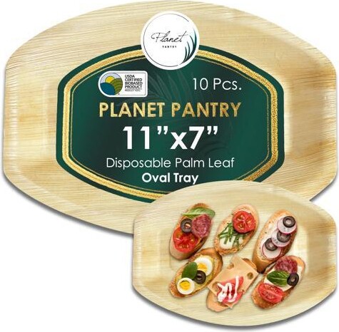 Planet Pantry Disposable Palm leaf 11' x 7' Oval Tray (10 pcs) Wooden Bamboo-Like Plastic Alternative Eco-Friendly for Food, Party, Buffet