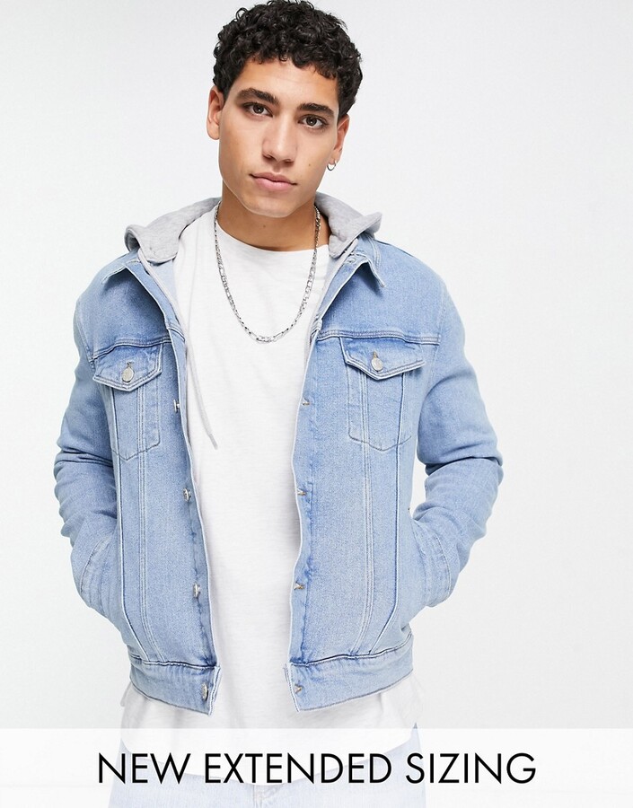 Mens Hooded Dark Denim Jacket with Button Front and Silver Grey Jersey Sleeves 