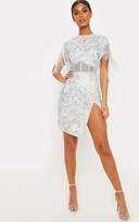 silver glitter mesh insert tassel sleeve bodycon dress