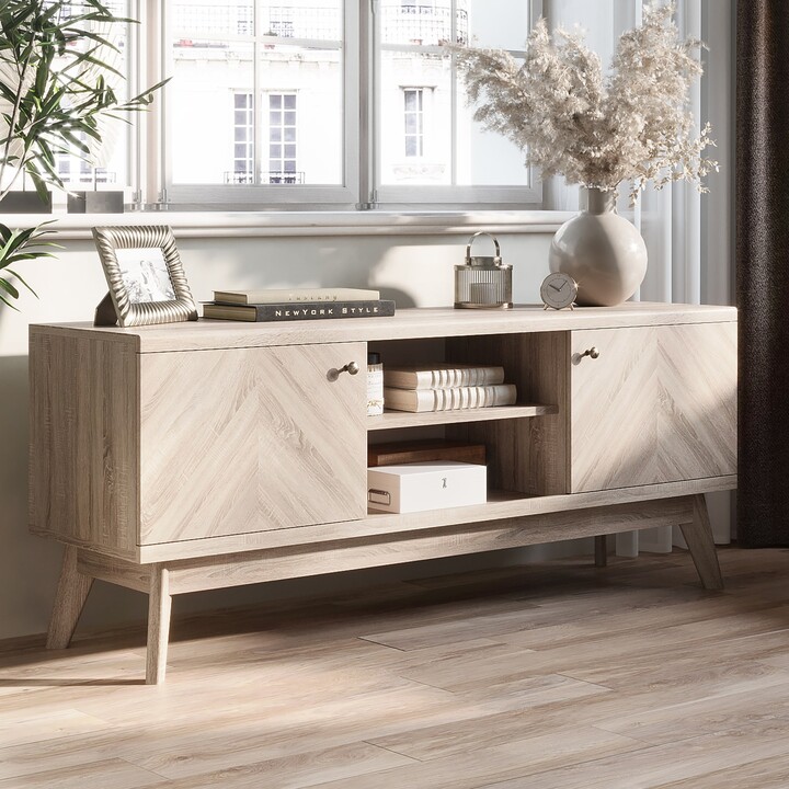 Living Skog Scandi MidCentury Modern Herringbone TV Stand for TV Up to