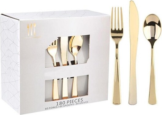 Aoibox180PiecesDisposableGoldPlasticSilverwareSet-IncludesForksKnivesSpoons-HeavyDutyFlatwareforPartiesWeddingsandSpecialEvents