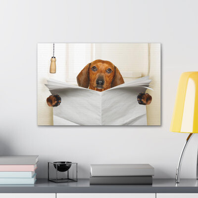 Funny Sausage Dachshund Reading Blank Paper On Toilet Funny Canvas Wall Art