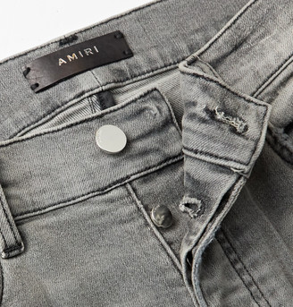 Amiri Skinny-Fit Velvet-Trimmed Distressed Stretch-Denim Jeans