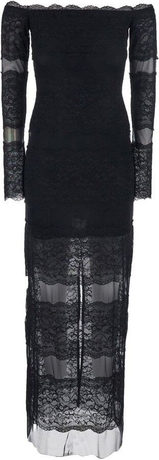 Blumarine Off-Shoulder Embroidered Lace Long Dress