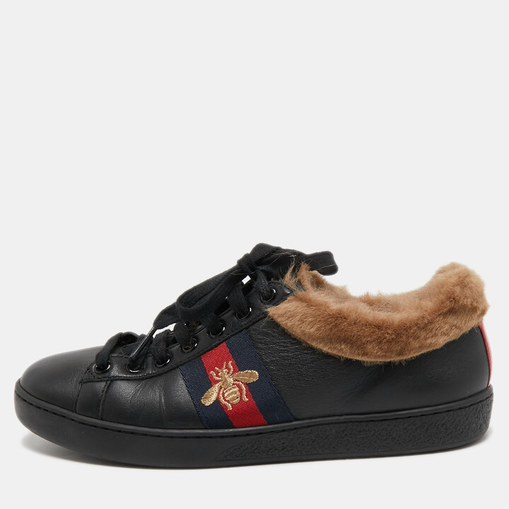 løfte Examen album hul Gucci Black Leather and Fur Ace Embroidered Bee Low Top Sneakers Size 36.5  - ShopStyle