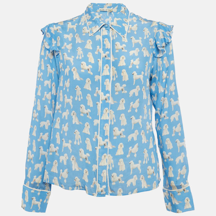 Alice + Olivia Blue Dogs Print Silk Ruffled Sleeve Shirt M