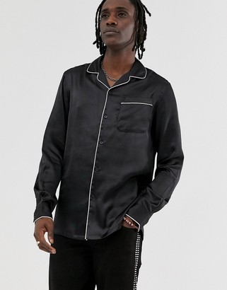ASOS DESIGN regular fit revere collar satin shirt with contrast piping detail in black