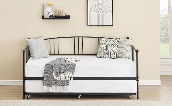 TruAIR TwinMetalDaybedwithTrundleTwinSizeDaybedFramewithPulloutTrundle6CastersSteelSlatSupportGuestSofaBedforLivingBedroomApartment
