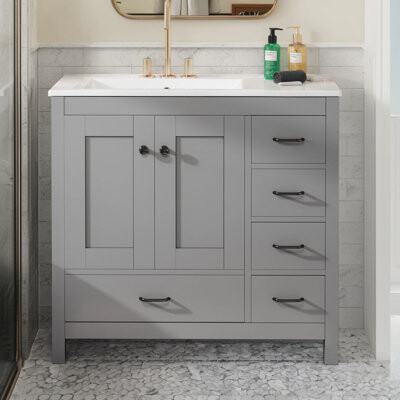 Ebern Designs Grey Bathroom Vanity With Ceramic Basin Combination And Ample Storage With 2 Soft-close Doors And 5 Drawers.