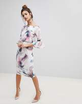 Thumbnail for your product : Little Mistress Watercolour Print Pencil Dress With Fluted Sleeves.
