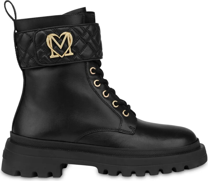 Love Moschino Logo-Plaque Leather Combat Boots
