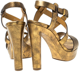 Ralph Lauren Metallic Gold Leather Estrid Platform Ankle Strap Sandals Size 37.5