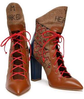 Malone Souliers Lace-Up Leather And Embroidered Canvas Ankle Boots