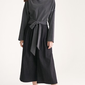Paisie Deconstructed Striped Jumpsuit With Denim Culottes & Self Belt In Black & White