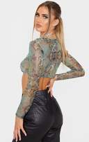 Thumbnail for your product : PrettyLittleThing Green Oriental Printed Mesh Long Sleeve Crop Top