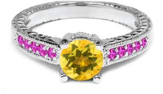Gem Stone King 0.34 Ct Round Yellow Citrine Pink Sapphire 14K White Gold Engagement Ring