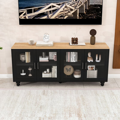 Alcott Hill Multi-Functional TV Cabinet Cabinet with Retro Handles, Transparent Glass Doors