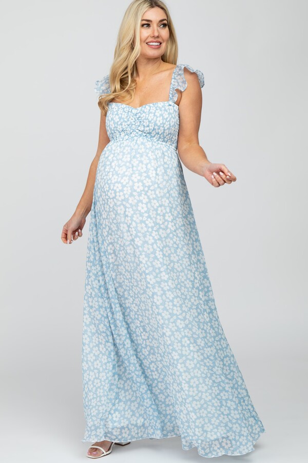 PinkBlush Floral Chiffon Sweetheart Neck Off Shoulder Maxi Dress