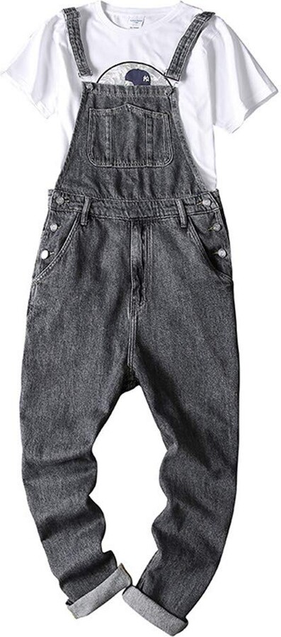 Fansu Dungarees Vintage Work Bib Jeans Jumpsuits with Knee Pads Pockets Coveralls Pants Big Waist Plus Size Men Denim Overalls Trousers