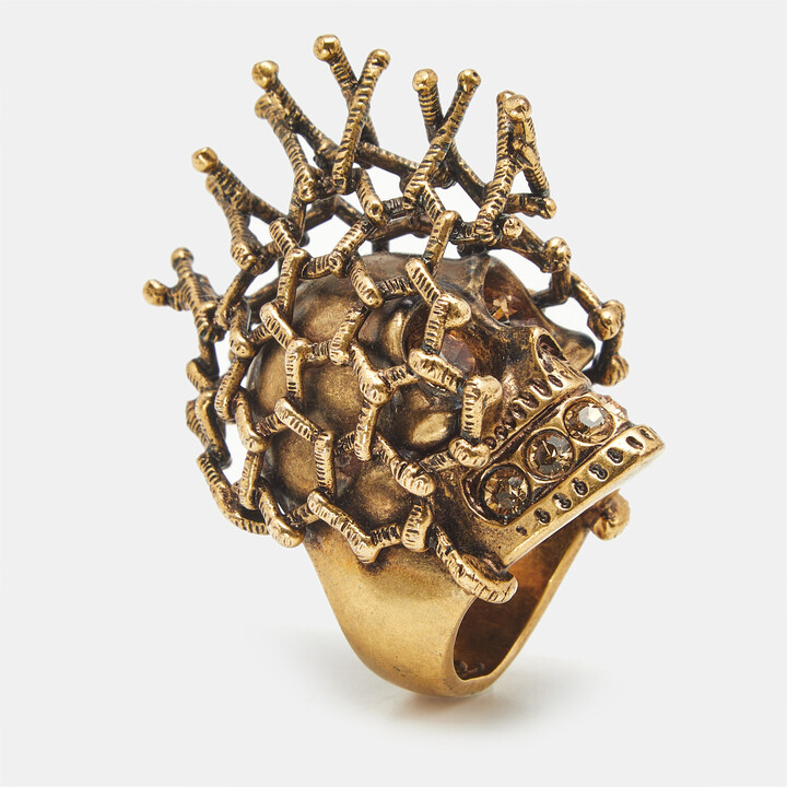 Alexander McQueen Skull Crystals Gold Tone Ring Size 55