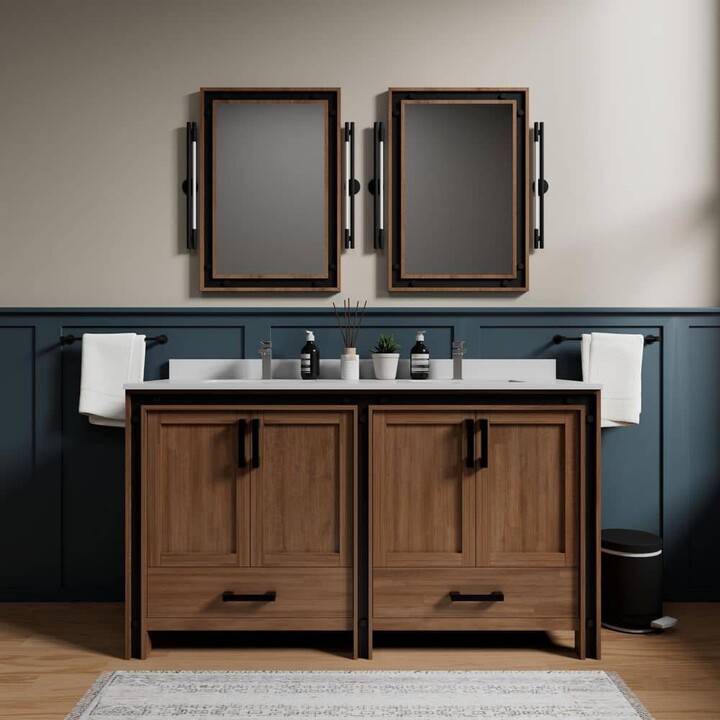 Lexora Ziva 60 in W x 22 in D Rustic Barnwood Double Bath Vanity, Cultured Marble Top, Faucet Set and 22 in Mirrors