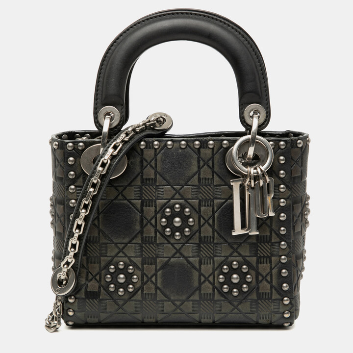 Christian Dior Black Mini Calfskin Cannage Studded Flower Lady