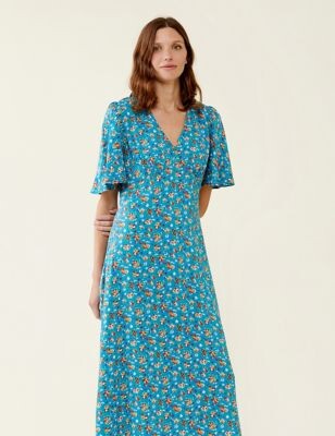 Finery London Floral V-Neck Angel Sleeve Midi Tea Dress - ShopStyle