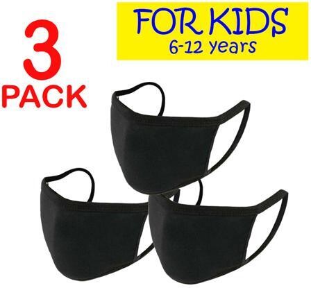 Blank Face Mask Reusable Washable Covering Clothing Masks For Kids Pack Of 3 (Kids Size - Black)