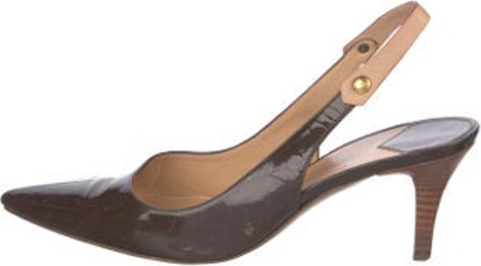 Louis Vuitton Patent Leather Slingback Pumps Brown Monogram Pattern Semi-Pointed Toes Buckle Closure At Uppers Designer