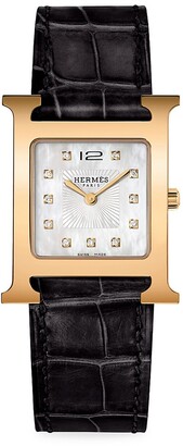 Hermes Heure H 30MM Rose Goldplated Steel, Diamond & Alligator Strap Watch