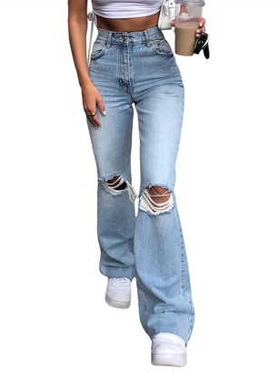 Huyghdfb Bell Bottom Jeans for Women Ripped High Waisted Classic Flared Jeans Denim Pants (Light Blue Medium)
