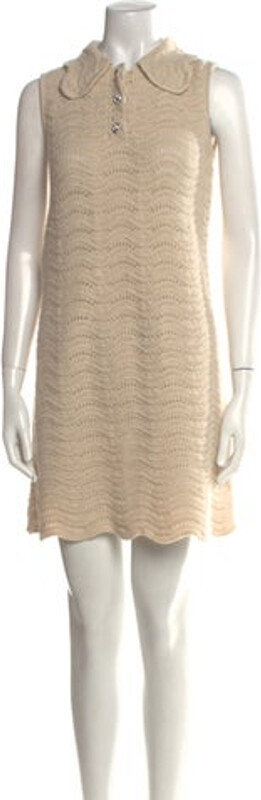 Gucci Wool Shift Dress By Alessandro Michele Neutrals Crystal Embellishments Sleeveless with Collar Button Closure at Front Designer
