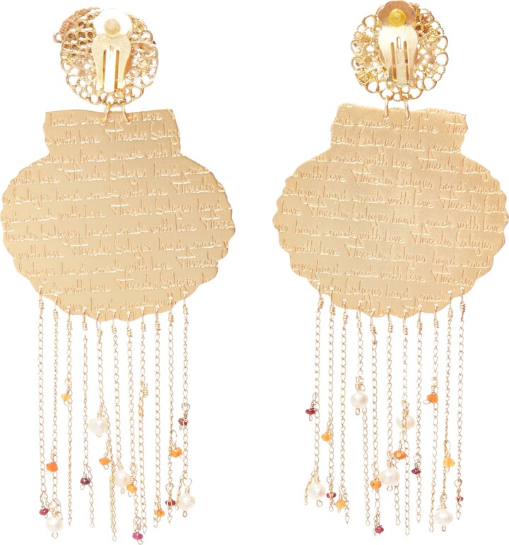 Mercedes Salazar Metal Shell Crystal Faux Pearl Tassel Clip Earrings