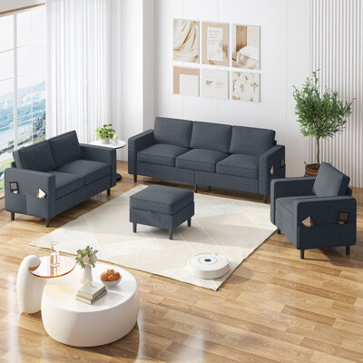 Ebern Designs Modern Sofa, Loveseat And Single Seat Set - Durable 4-piece Living Room Furniture, Sturdy L-shaped Sectional Couch With Storage Ottoman, Space-saving