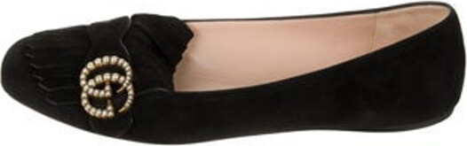 Gucci Suede Ballet Flats Black Double G Logo Square-Toes with Fringe Trim Accent Designer