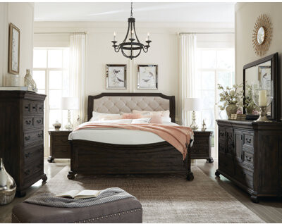 Latitude Run Sleigh Bed 2 Nightstands And Drawer Dresser With Landscape Mirror