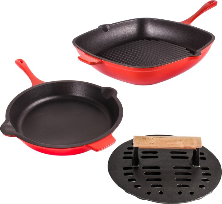 Berghoff Neo Enameled Cast Iron 3 Piece 10" Fry Pan, 11" Grill Pan, and Slotted Steak Press Set