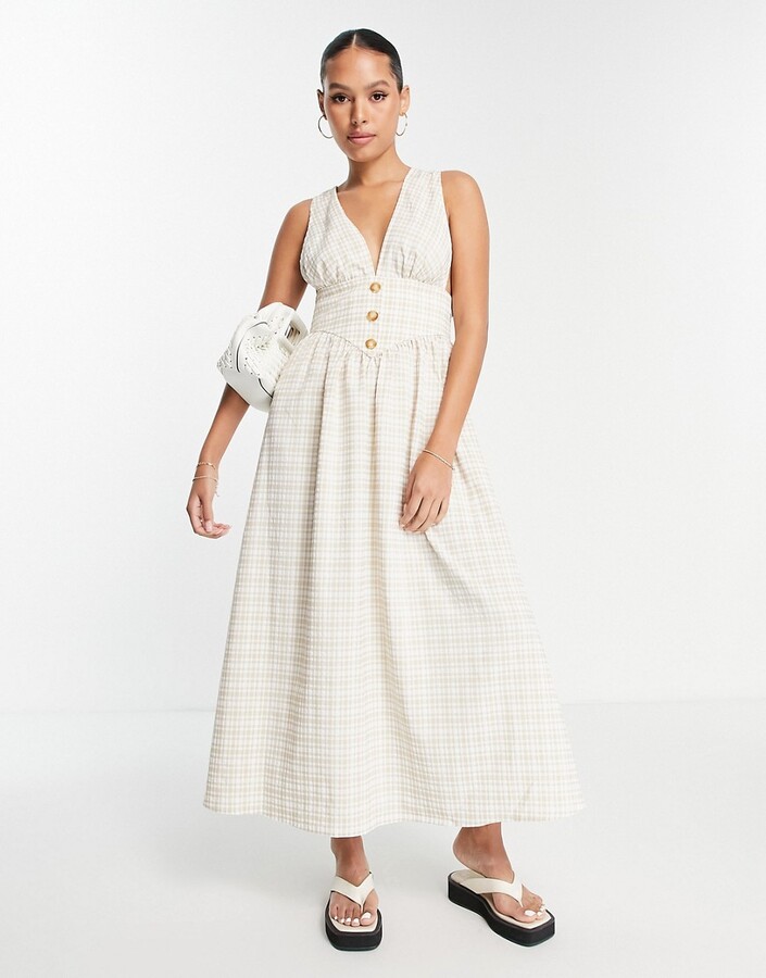 ASOS DESIGN plunge overalls midi dress in neutral gingham ShopStyle