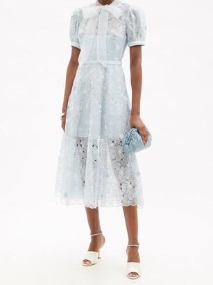 Self-Portrait Pussy-bow Floral-embroidered Organza Dress - Light Blue