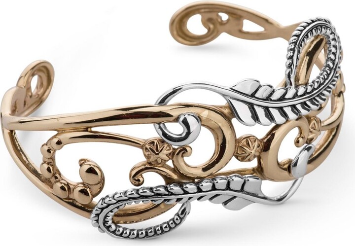 American West Jewelry Sterling Silver and Brass Women's Cuff Bracelet Floral Leaf Design Size Small - Large - Silver/brass