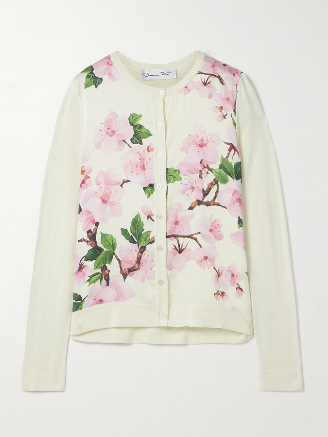 Oscar de la Renta Paneled Knitted And Floral-print Silk-blend Twill Cardigan - Ecru