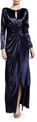 Aidan Mattox Long-Sleeve Satin Gown with Asymmetric Ruching Details