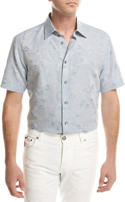 Brioni Floral Jacquard Short-Sleeve Sport Shirt, Light Blue