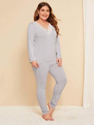 Shein Plus Lace Trim Long Sleeve Pajama Set