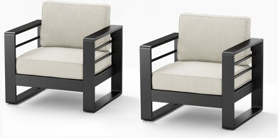 Hokku Designs Outdoor Patio Aluminum Club Chair, Black Finish With Beige Cushion, Set Of 2