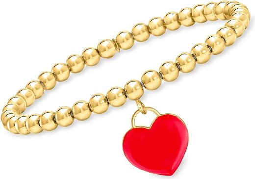 Ross-Simons PureCollectionbyRoss-SimonsItalian5mm18ktGoldOverSterlingBeadStretchBraceletWithRedEnamelHeartCharm.8inches