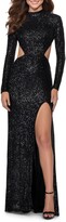 Thumbnail for your product : La Femme Sequin Long Sleeve Cutout Gown