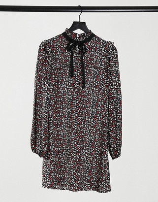 Miss Selfridge smock dress with tie neck detail in black ditsy floral -  ShopStyle