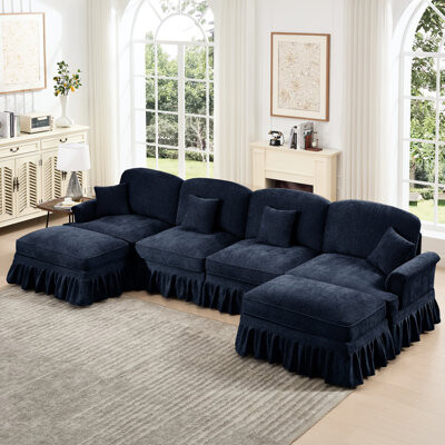 Wildon Home Classic U Shape 4 Seater Modular Sectional Couch With Flared Arms Removable Ruffles Pleats Skirts And Spindle Legs Blue Chenille Deep Seat Cloud Mo